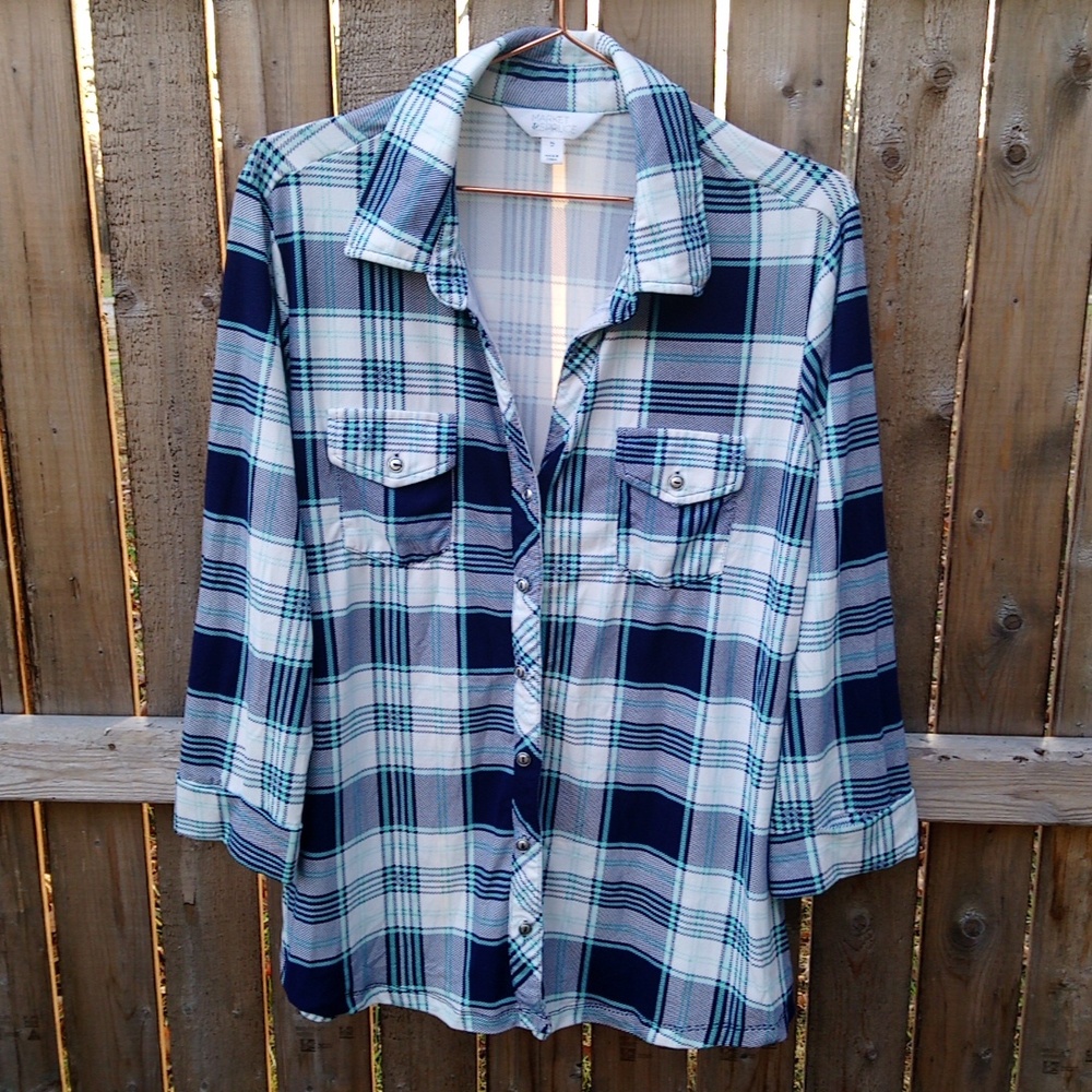 Market & Spruce Plaid 3/4 Sewn Rolled Cuff Sleeve Button Down Soft Flannel Top